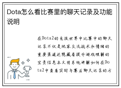 Dota怎么看比赛里的聊天记录及功能说明